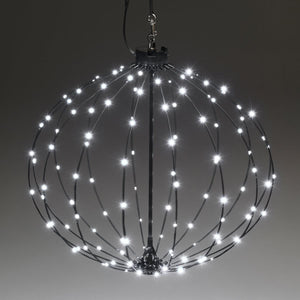 A hanging GLOWB light ball of lights showing the perfect globe-shape nd the even distribution of lights 