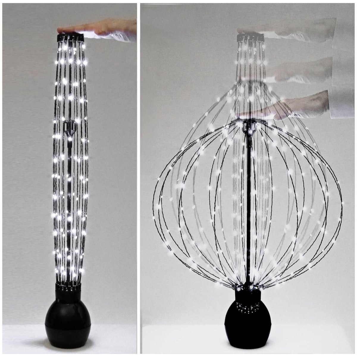 This image illustrates how a GLOWB light changes shape from a tall thin tube shape to a perfect sphere by simply pressing down on the top until the position lock clicks.