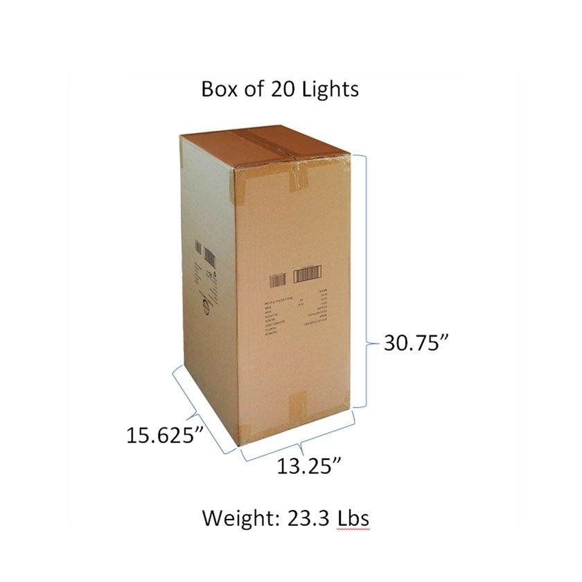 This image shows the dimensions and weight of a box of 20 GLOWB lights.